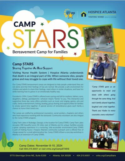 We wanted to make sure everyone knew about this great opportunity for families who are grieving. Camp STARS is coming up again Nov 8-10 and you can register at vnhs.org/CampSTARS or call 404-215-6051.